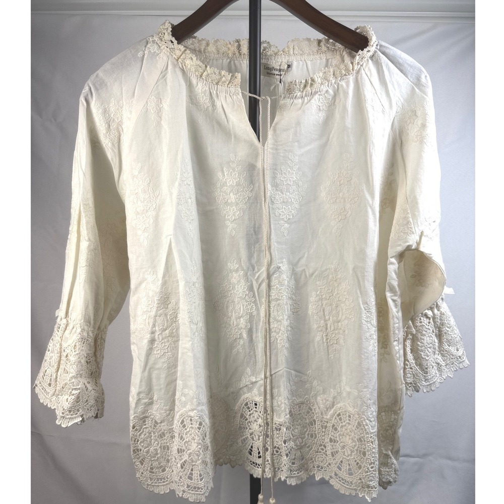 Women Size M Cream Cotton Victorian Embroidered Lace Cottagecore Romantic Blouse
